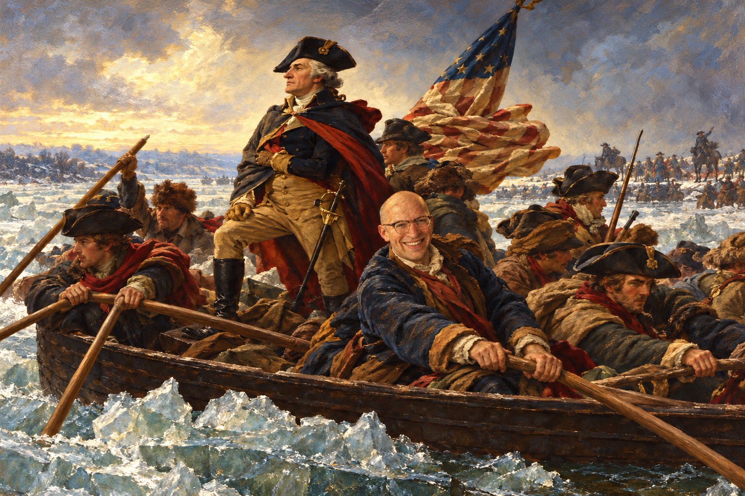 AI-generated parody: Ethan Busby as a crew member in a boat inspired by Washington Crossing the Delaware.